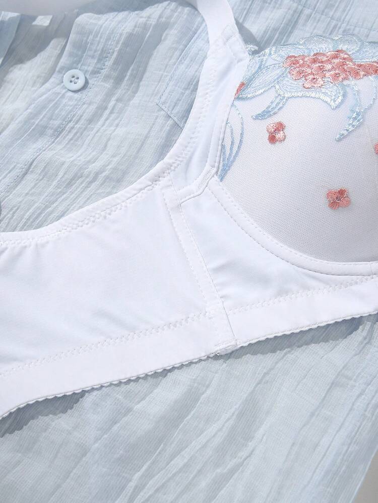 SHEIN 2 قطعة/مجموعة طقم ملابس داخلية نسائية مطرزة - أبيض - مشاهدة 3