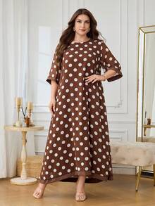 Al Najma Plus Size Women's Chiffon Flowy Round Neck 3/4 Sleeve Polka Dot Comfortable Elegant Romantic Arabian Dress - Coffee Brown - View 8