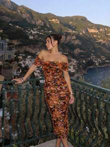 Vestido largo ajustado con hombros descubiertos y estampado floral colorido, adecuado para primavera/verano, citas, jardín, fiestas, invitados de boda,é de la tarde - Naranja - Ver 2
