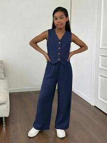 Firerie Kids Firerie Kids Tween Girl Solid Color Elastic Waist Straight Leg Loose Fit Long Pants - Navy Blue - View 4