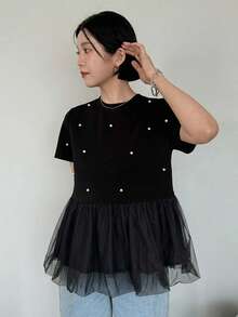 FRIFUL 女款夏季純色圓領短袖水鑽百褶 T-shirt 可愛上衣 - 黑色 - 查看 5
