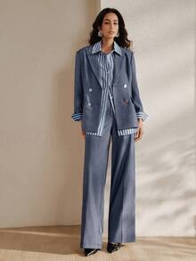 Anewsta Women's New Urban Chic Solid Color Professional Commute Versatile Lapel Long Sleeve Blazer+High Waist Drape Straight Leg Pants Suit Set - Blue - View 7