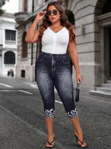 EMERY ROSE Conjuntos de verano con leggings de efecto denim y estampado floral talla grande - Azul Marino - Ver 3