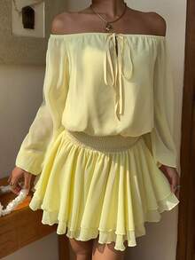 Sunnyshic Women's Autumn Pale Yellow Chiffon Off-Shoulder Mini Dress, Beach Vacation Outfit, Italian Rave - Yellow - View 3