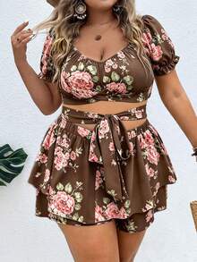 Vionelle Plus Size Women's Floral Print Short Top And Skort 2-Piece Set - Brown - View 1