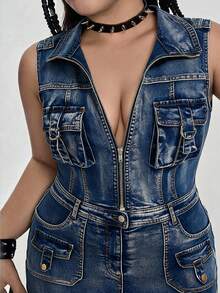 ROMWE Y2K Vestido de mezclilla ajustado mini con cintura ceñida y versátil para tallas grandes - Azul - Ver 3
