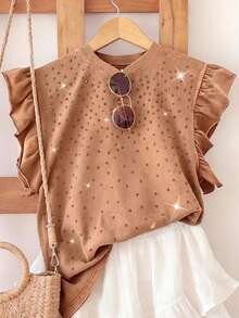 Resyla Women's Solid Color Ruffle Cuff Round Neck Rhinestone Decor Fashion T-Shirt - Ginger - View 3