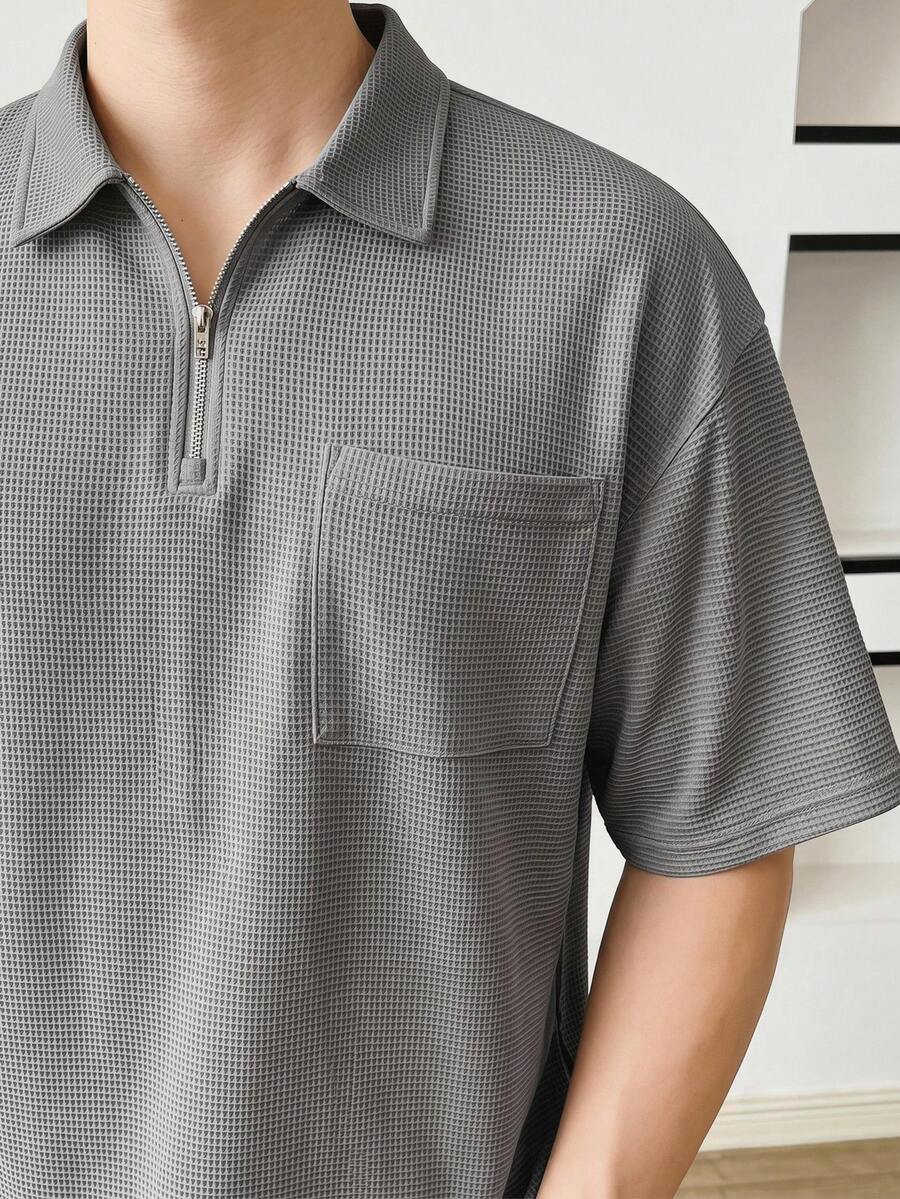 SWAVVY Men's Loose Fit Quarter-Zip Pocket Patchwork Dropped Shoulder Polo Shirt - Dark Grey - View 1