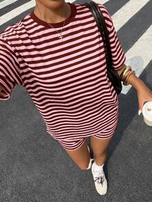 SHEIN EZwear 大尺碼女款圓領條紋拼接短袖上衣與短褲休閒日常套裝 - 粉色 - 查看 6