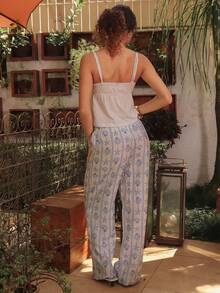 juhmazzocco Women's Vacation Seaside Casual Elegant Shells And Starfish Stripes Pattern Low Waist Striped Print Casual Straight Leg Pants, Versatile For Spring And Summer,For Daily,Street Chic, - Blue and White - View 2