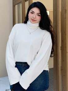 Dazy Plus 加大码高领宽松纯色打底 T 恤，白色，春夏秋季长袖女上衣，秋季女装 - 白色 - 查看 1