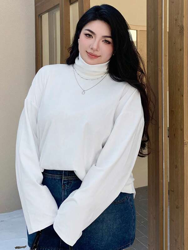 Dazy Plus 加大码高领宽松纯色打底 T 恤，白色，春夏秋季长袖女上衣，秋季女装