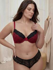 Bralution Plus Size Contrast Color Lace Patchwork Bow Detail Bralette & Wire-Free Bra - Multicolor - View 4