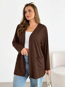 SHEIN Essnce Plus-Size Women's Spring/Summer Fashion Casual Loose Comfortable Basic Versatile Long-Sleeved Black Cardigan,Spring Outfits,Simple Style ,Work Tops - Brown - View 3
