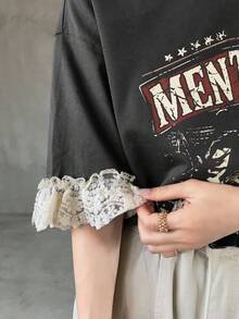 FRIFUL Women's Casual Loose Fit Letter Print Lace Patchwork Short Sleeve T-Shirt, Breathable Cotton Blend, Versatile For Spring/Summer Graphic Tee - Grey - View 8