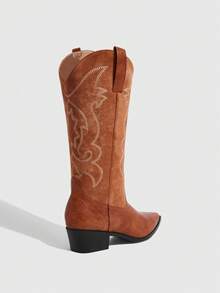 Daringsoles Women's Pointed Toe Contrast Color Embroidered Western Boots, Slip-On Sexy Casual Riding Boots Fall Shoes - Brown - View 3