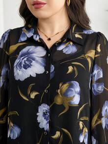 Modelyn 大尺碼女款花卉印花單排扣休閒百搭日常出遊襯衫 - 彩色 - 查看 6