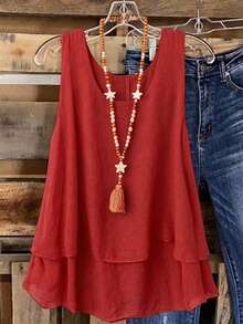 Linhara Plus Size Women's Spring/Summer Beach Vacation Dopamine Sweet Vintage Double Layer Ruffle Camisole Tank Top - Red - View 1