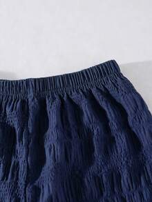 SHEIN Vintaside Kids 女童休閒簡約時尚日常圓領掛脖無袖短版純色紋理面料訂製綠色背心搭配彈性腰鬆長休閒長褲套裝，返校穿搭，夏季出遊與度假服飾 - 藏蓝色 - 查看 6