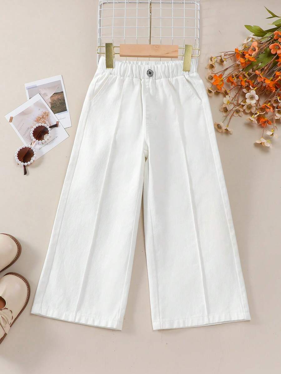 SHEIN Elladie kids 少女休閒波希米亞度假風紙袋腰平口袋寬腿牛仔褲,女孩日常穿搭OOTD - 白色 - 查看 1