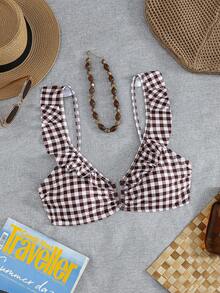 Swim Basics 新款歐美女款性感老錢風可愛時尚極簡純色荷葉邊抓褶深V露背綁帶上衣，海灘泳池派對棕色條紋 - 棕色 - 查看 4