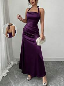 SHEIN Raffinéa 優雅香檳色貼身細肩帶彈性緞面下擺側開衩洋裝 - Bold Plum - 查看 1