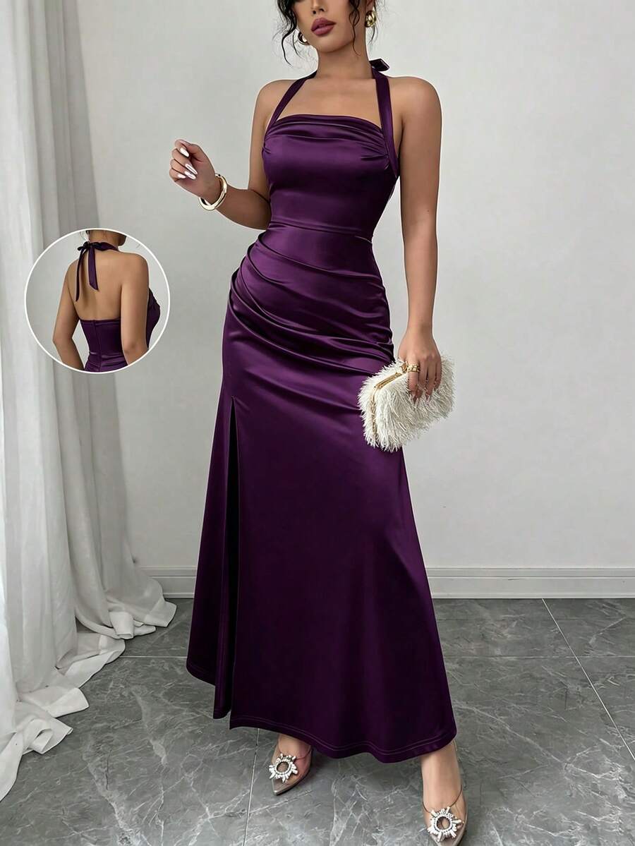 SHEIN Raffinéa 優雅香檳色貼身細肩帶彈性緞面下擺側開衩洋裝 - Bold Plum - 查看 1