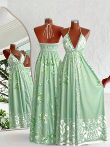 Sweetra Bohemian Style Printed Beach Slip Dress - Mint Green - View 1