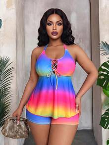 Maweii Summer Beach Plus Size Ombre Lace Up Front Swim Dress - Multicolor - View 1