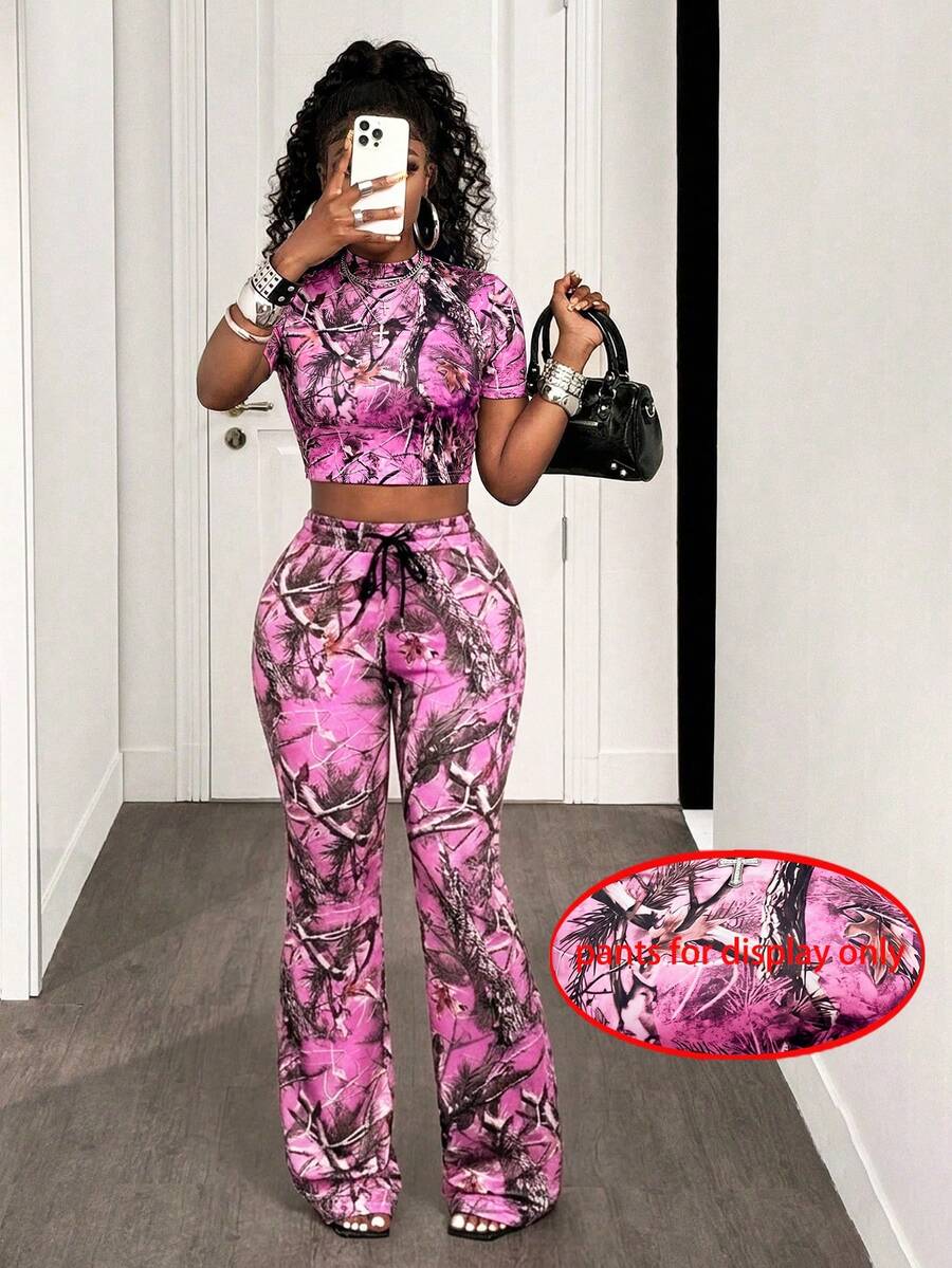 BamGleam Summer Casual Streetwear Vacation Fitness Color Printed Slim Fit Short Sleeve T-Shirt Club Pink Camouflage - Pink - View 1