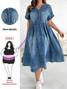 SHEIN CURVE+ Dark Blue Women's Plus-Size Loose Printed Dress,Sommar Casual Vacation Short-Sleeved Pocket Dress,Comfortable Church Homecoming Teacher Outfits - Blue - View 2