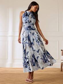 Lilora Women's Elegant Romantic Floral Halter Neck Midi Dress High-End Versatile Casual Mother Of The Bride Party Summer Wedding Navy Blue Floral - Multicolor - View 5