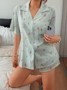 Napfluff Striped Cherry Print Short Sleeve Cardigan & Shorts Loose Fit Women's Pajama Set - Green - View 5