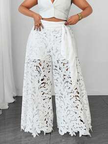 Maweii Plus Size French Romantic Style White Floral Hollow Lace Wide Leg Pants Vacation Style Cinched Waist Slimming Trousers - White - View 1