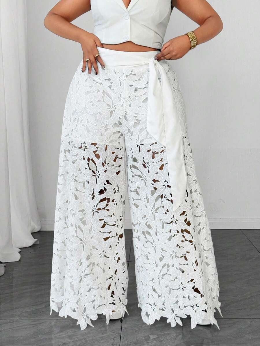 Maweii Plus Size French Romantic Style White Floral Hollow Lace Wide Leg Pants Vacation Style Cinched Waist Slimming Trousers - White - View 1