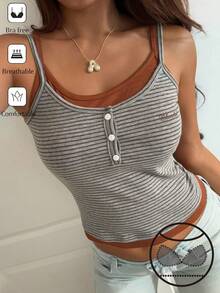 DAZY Women's Summer Casual Striped Patchwork 2 In 1 Camisole Tank Top - Coffee Brown - View 4