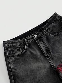 ROMWE MEN Casual 男士深色哥德風刺繡直筒長褲 - 深灰色 - 查看 3