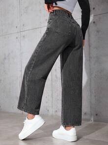 SHEIN PETITE 女款高腰口袋直筒寬鬆休閒百搭牛仔褲 - 灰色 - 查看 2