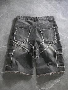 Manfinity Denimwave Men's Button Front Straight Leg Denim Shorts With Frayed Hem And Patch Pockets - Light Grey - View 2