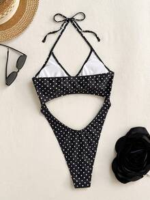 Swim SXY Summer Beach Women's Vacation American Independence Day Cut-Out Backless Halter Neck Sexy High-Cut One-Piece Swimsuit - Black and White - View 2