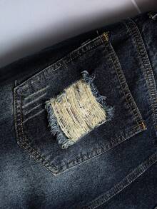 Manfinity LEGND Pantalones cortos de mezclilla casuales y versátiles para uso diario y viajes, con diseño desgastado, botones y bolsillos, talla grande para hombres - Azul lavado oscuro - Ver 4
