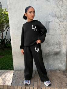 SHEIN 青少年女孩休閒「LA」字母印花針織素色寬鬆落肩長袖衛衣＋百褶寬腿運動褲套裝，女孩秋季服裝，女孩秋季穿搭，女孩冬季服裝 - 黑色 - 查看 9