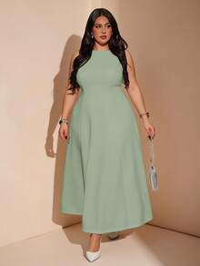 SHEIN BAE Plus Size Women's Summer Full Flare Boat Neck Elegant Long Sleeveless Dress Wedding Guest Sage Green - Mint Green - View 7