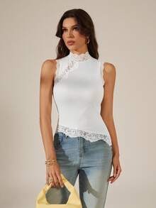 SHEIN Tall 女款素色對比蕾絲立領修身時尚細肩帶背心 - 白色 - 查看 5