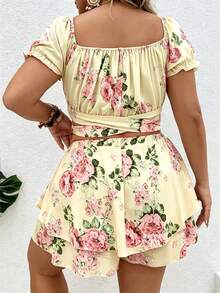 Vionelle Plus Size Women's Boho Casual Formal 2-Piece Set With Large Scoop Neck Tie-Up Cross Floral Print Crop Top Ruffle Mini Skirt Beach Pastel Pink Summer - Yellow - View 2