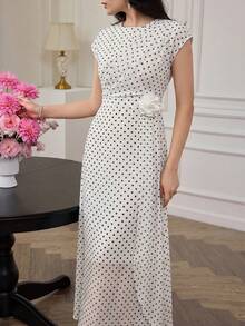 Modelyn 女款白色與黑色波點百褶3D花朵裝飾優雅70年代復古高級長洋裝，適合舞會、晚宴、派對與度假，夏季穿著 - 白色 - 查看 6