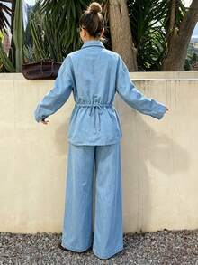 DAZY 春夏宽松休闲度假风衬衫阔腿牛仔裤套装，复古奢华女士牛仔服饰 - 藍色 - 查看 2