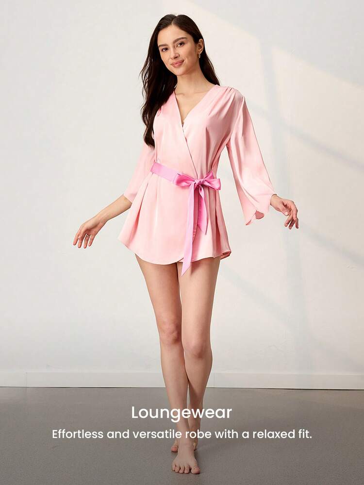 Women's Pink Satin Kimono Robe