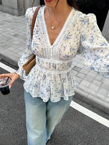 Serisse 女款優雅鄉村仙氣風熱帶花卉圖案對比蕾絲長袖襯衫，適合度假、派對、約會，米色秋季款 - 彩色 - 查看 3