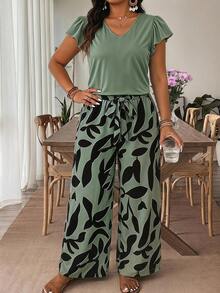 SHEIN Frenchy Simple Leaf Pattern Colorblock Casual Top, Plus Size 2 Pieces Set - Multicolor - View 1